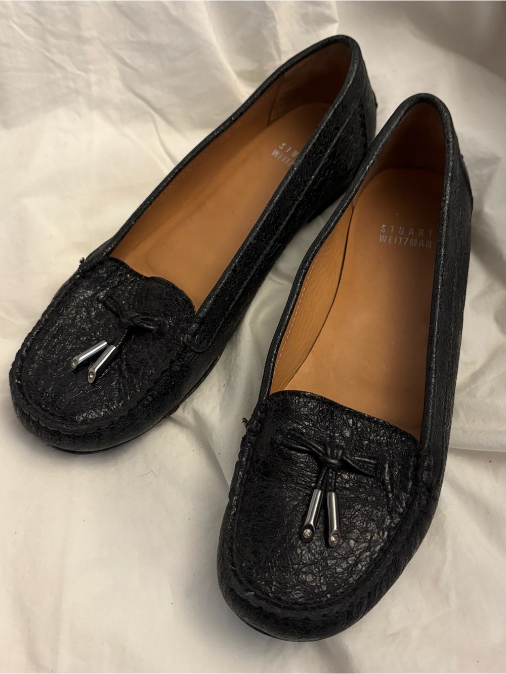 Stuart Weitzman Black Leather Tassel Loafers